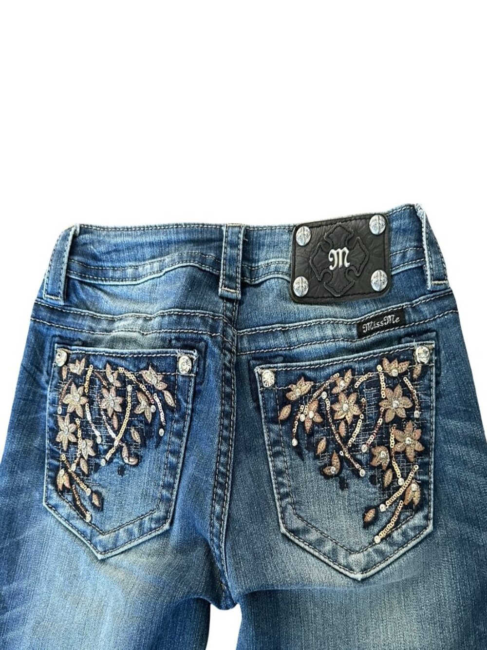 Miss Me Bootcut Jeans Blue Sequin Embroidered Distressed Stretch 26 Tall Long